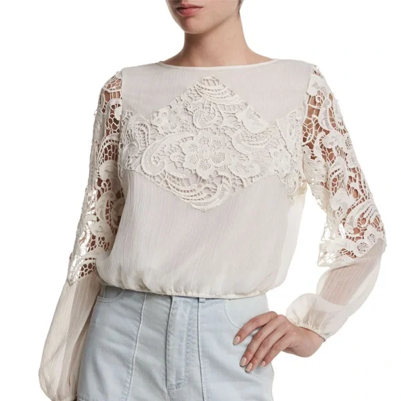 Alice + Olivia | Jenelle Long-Sleeve Lace-Trim Plisse Blouse - Picture 1 of 5